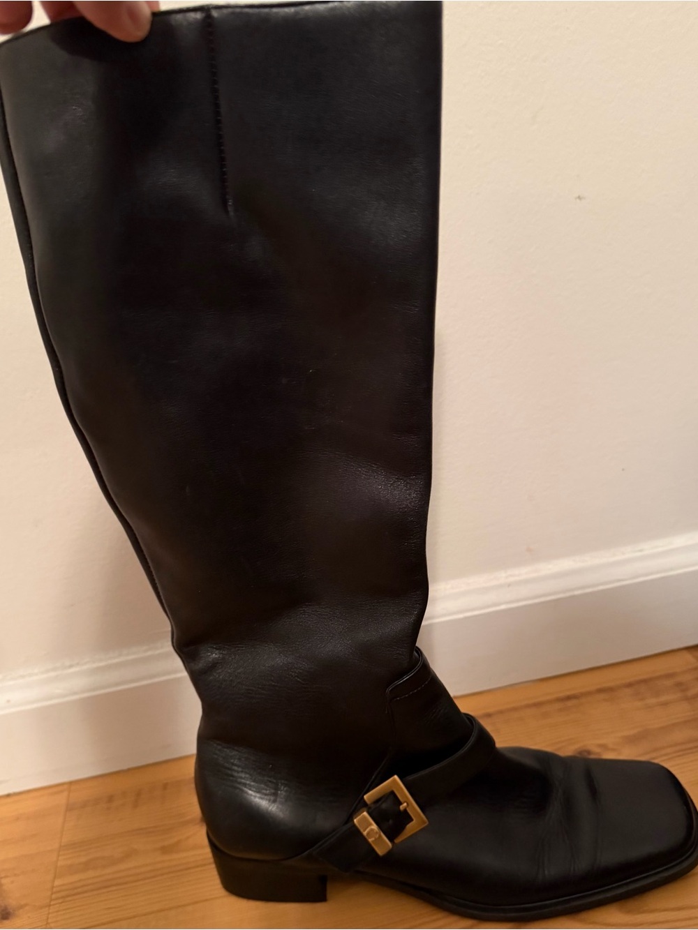 Etienne Aigner Black Leather Over-the-Knee Boots with Gold Buckle